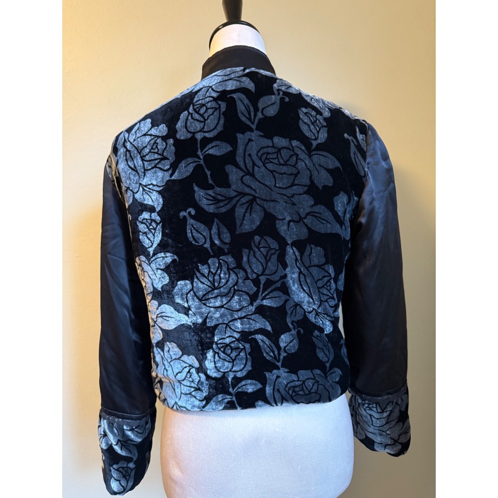 Black Velvet Rose Floral silk Jacket coat S boho whimsigoth fairy Y2K vintage - Picture 4 of 10